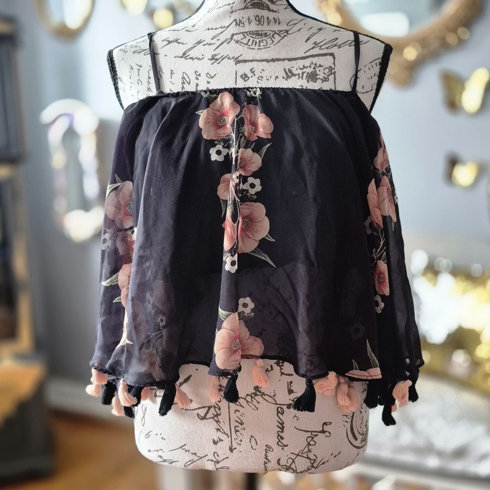 Carolina K Y2K Floral Tassel Top - Black with Pink Poppy Flowers XS
